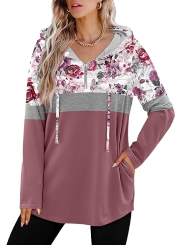 BETTE BOUTIK Womens Quarter Zip Tunic Hoodies Pullover Long Hooded Sweatshirts S-3XL