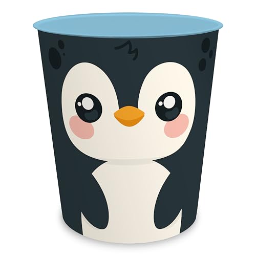 itenga Papierkorb für Kinder mit Tier Motiv - Pinguin - Kawaii Design - rund ca. 11 Liter - Mülleimer fürs Kinderzimmer - stabiler Kunststoff