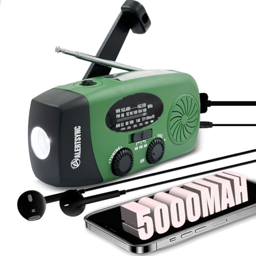 5000mAh Emergency Weather Radio, AM/FM/NOAA Hand Crank Solar Powered Radio with Weather Alert, Emergency Phone Charger, 1W 4 Modes Flashlight, SOS Alarm, Earphone Jack, for Emergency