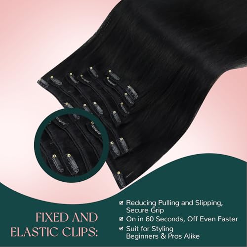 Image of Easyouth Human Hair Clip in Extensions Black, 22 Inch 120g 7pcs, Human Hair Extensions Clip ins, Jet Black, Quick Diy Installation, Straight Clip in Hair Extension