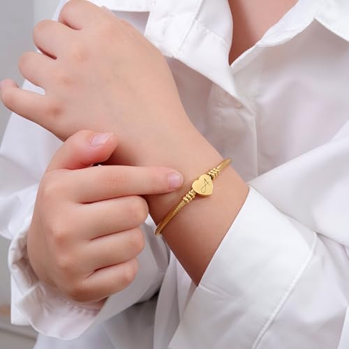 Image of MYNENEY Gold /Rainbow Stainless Steel Bangles Jewery for Birthday Halloween Heart Initial A-Z Letters Bracelets for Girls