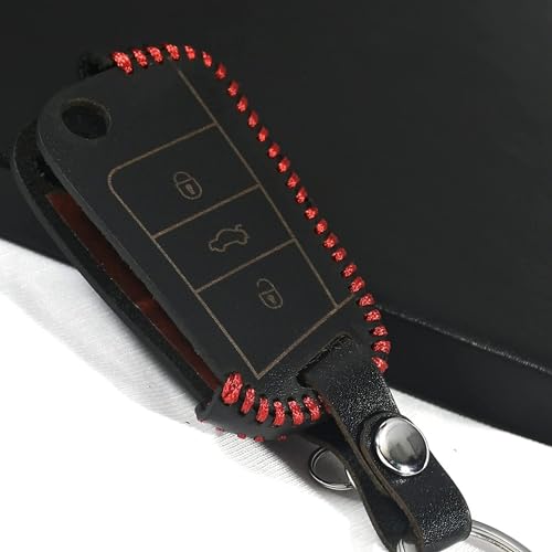 Image of Leather Car Key Cover with Key Chain for Skoda Superb, Octavia, Volkswagen Jetta, Passat, Tiguan (Black)