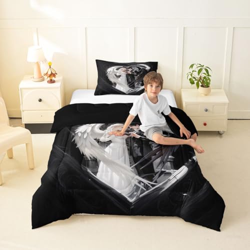 Image of Erosebridal Angel Wings Kids Bedding | Black and White Angel Twin Comforter Sets,Romance Love Comforter Princess Fairy Style Duvet Insert with 1 Pillow Case