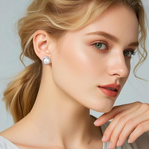 Silver Pearl Stud Earrings, 10MM Pearl with Cubic Zirconia Halo, Hypoallergenic 925 Sterling Silver Post3