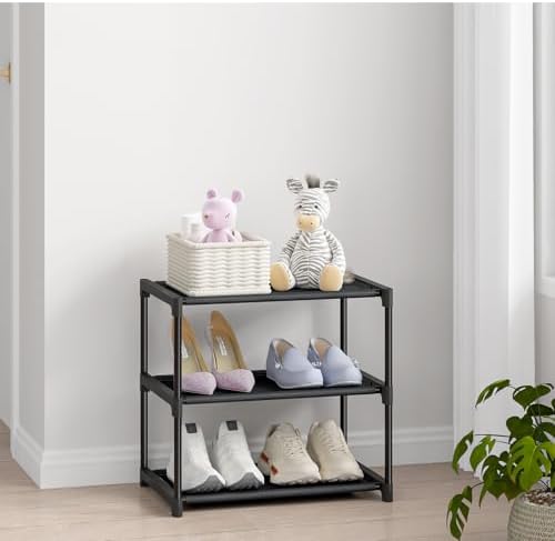 3 Tier Small Shoe Rack, Narrow Stackable Portable Shoe Storage Organizer Shelf For Closet Floor Entryway Bedroom, Non-Woven Fabric Free Standing Kids Shoe Rack Organization Shelves