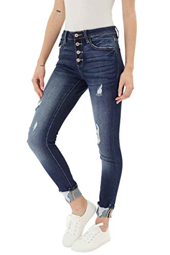 Kan Can Women's High Rise Button Fly Distressed Super Skinny Jeans2