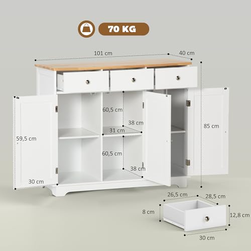 Miniatura 3 de Homcom Aparador De Cocina Con 3 Cajones 3 Puertas Y Estantes Ajustables Mueble Auxiliar De Almacenaje Para Comedor Salón Estilo Moderno Antivuelco 101x40x85 Cm Blanco