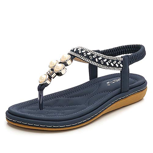 YXH Señoras del Verano Peep Toe Volver Flor de Moda Sandalias Planas Flip Flop Sandalias de Playa Clip de Dedo del pie Resbalón en los Zapatos Ocasionales Inferiores Gruesos,Blue,42