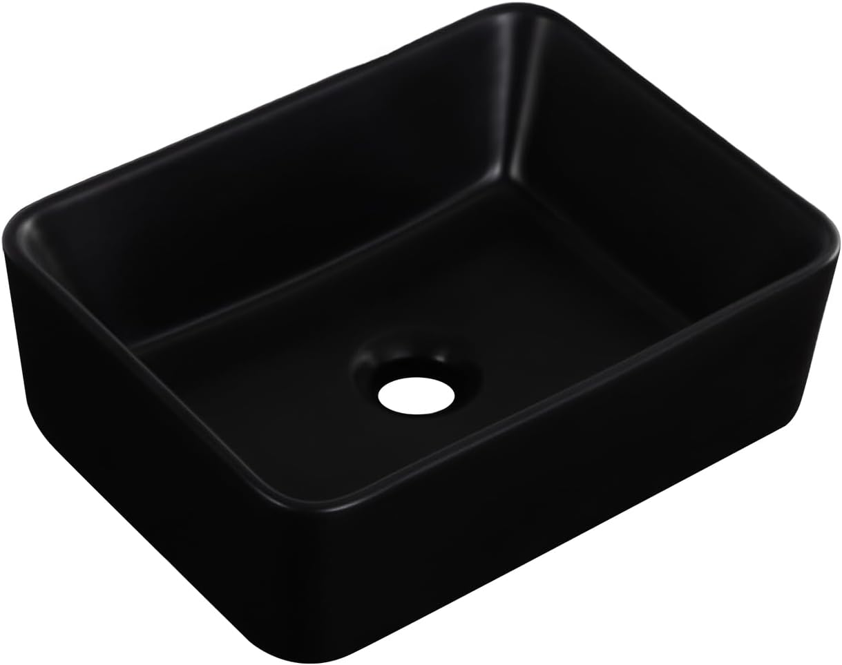 Vessel Sink 16"x12" Rectangular Matte Black 16 Inch Bathroom Sink Porcelain Ceramic Modern Above Counter Bathroom Sinks
