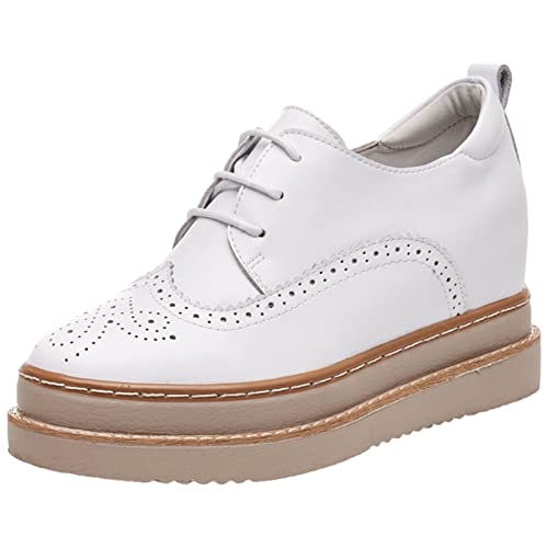 ANUFER Femmes Cuir Véritable Plateforme Talon Compensé Caché Baskets Lacer Richelieu Décontractée Chaussures Blanche SN070508 EU37