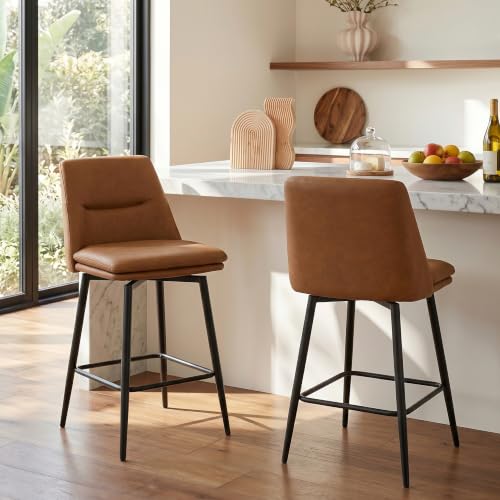 Butacos de barra GrandNoor marrones, altura de asiento 27 pulgadas, con respaldo y patas metálicas, giratorios 360°, tapizados en cuero sintético, juego de 2 miniatura 7