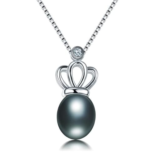 DJMJHG Collar con Colgante de Corona de Plata de Ley para Mujer, Collar de Perlas ovaladas Naturales de Agua Dulce genuinas,   Negro Cover
