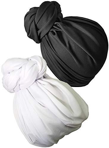 2Pack1Pack Stretch Head Wrap Scarf Turban - Long Black Hair Scarf Wrap Turban Head Scarf Tie SD (1sd black white)
