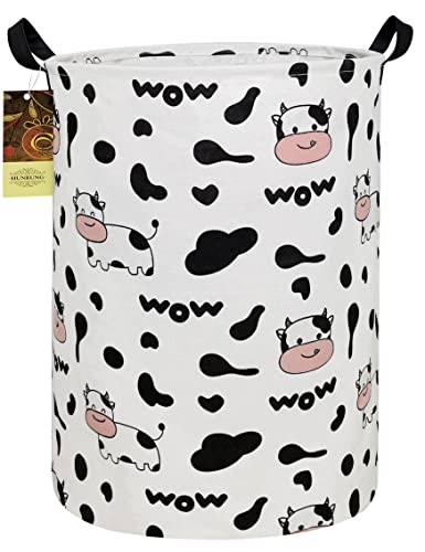 Image of HUNRUNG Laundry Hamper,Large Canvas Fabric Lightweight Storage Basket Toy Organizer Dirty Clothes Collapsible Waterproof for College Dorms, Children Bedroom,Bathroom (Roud-Spotted Cow)