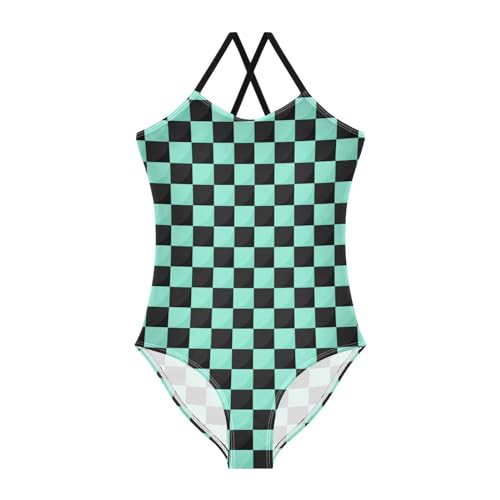 Checkerboard Girls One Piece Swimsuits Light Green Black Sport Halter Swimwear Beach Bathing Suit 9-10T