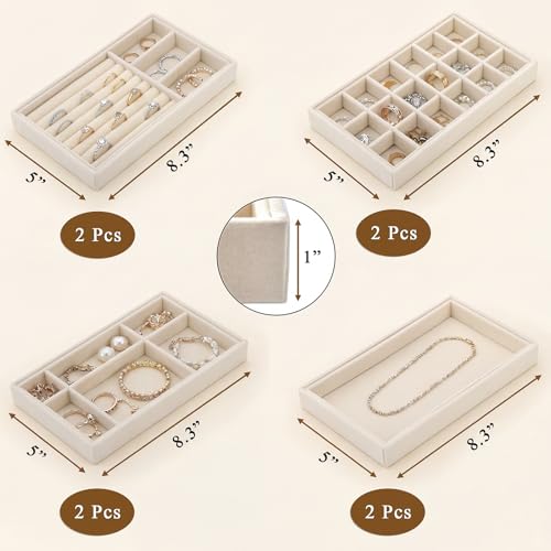 Image of Elsjoy 8 Pack Velvet Jewelry Trays, Stackable Jewelry Organizer Trays for Drawers, Beige Jewelry Storage and Display Tray Inserts for Necklaces, Rings, Earrings