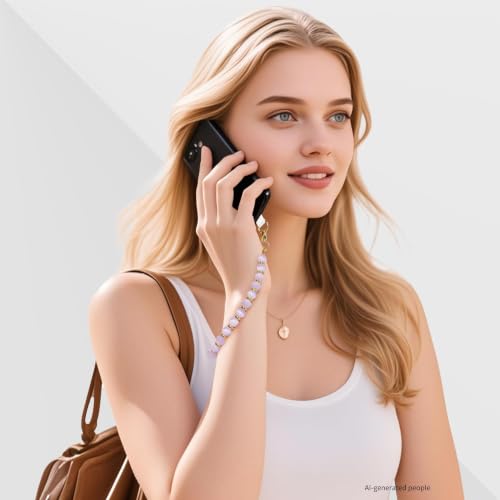 Image of Marble Beaded Phone Wrist Strap,Detachable Phone Bracelet Strap with Tether Tab,Hands-Free Wristlet Strap (Purple Peacock Agate)