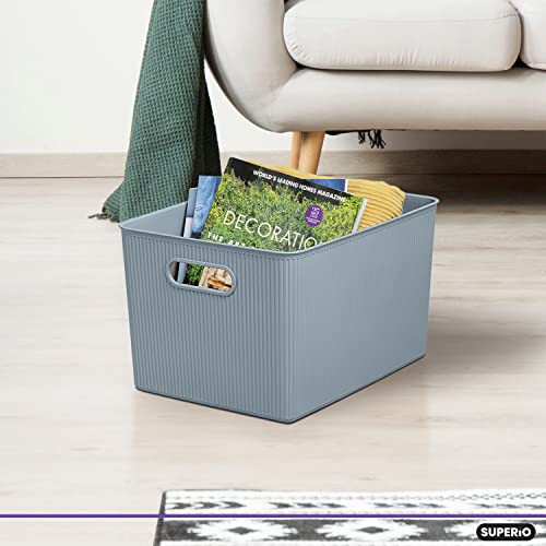 Image of Superio Ribbed Collection - Decorative Plastic Basket Open Home Storage Bins Organizer, X-Large Blue (4 Pack) Container Boxes for Organizing Closet Storage Bins for Shelves 22 Liter /23 Quart