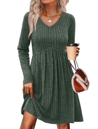 OFEEFAN Fall Dresses 2025 V Neck Sweater Dress Maternity Babydoll Dress Long Sleeve Casual Homecoming Dresses Work Clothes Cowboy Chic Christmas Green Winter L