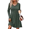 OFEEFAN Long Sleeve Sweater Dress Fall Dresses 2025 V Neck Empire Waist Baby Doll Dresses Women Casual Dress with Pockets