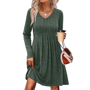 OFEEFAN Long Sleeve Sweater Dress Fall Dresses 2025 V Neck Empire Waist Baby Doll Dresses Women Casual Dress with Pockets