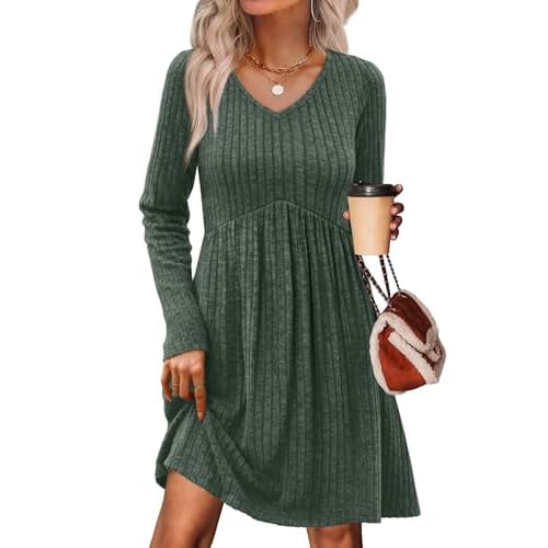 OFEEFAN Long Sleeve Sweater Dress Fall Dresses 2025 V Neck Empire Waist Baby Doll Dresses Women Casual Dress with Pockets