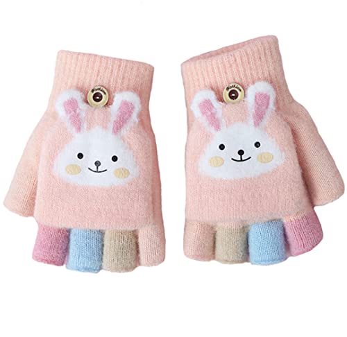 Cartoon Convertible Flip Top Gloves Toddler Kids Winter Wool Knit Fingerless Gloves with Mitten Cover for Girls Boys 2-15 Yrs