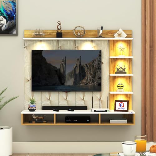 Image of Anikaa Tyron Engineered Wood Wall-Mount TV Unit with PVC Back Panel & LED Lights | TV Cabinet with Storage Box & Decorative Shelves (Gaintwood /White) | Ideal for TVs up to 55 Inch | DIY Installation