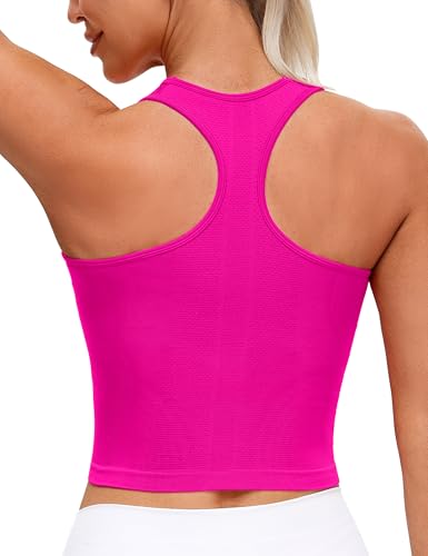 MathCat Seamless Racerback Crop Tank Tops for Women- Longline Sports Bras Padded Workout Yoga Top Hot Pink