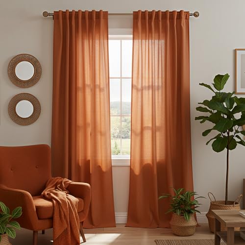 Orange Boho Linen Curtains for Living Room Back Tab Light Filtering Semi Sheer Drapes 84 Inches Long Mid Century Modern Retro Decor Curtain for Bedroom 2 Panels Dark Burnt Orange Cortinas Naranjas