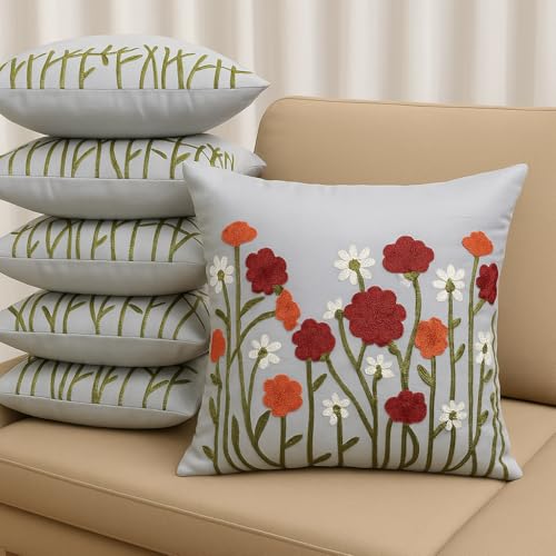 Image of LOFEY Satin Cushion Covers Set of 5 | 16 inch x 16 inch (40x40 cm) MultiFloral Decorative Sofa & Bed Pillow Covers for Living Room & Bedroom Decor (Without Filler) (Silver)