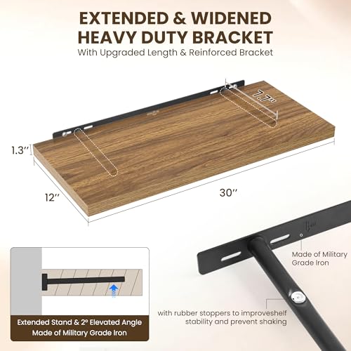 Image of Dreamland 30 inch Floating Shelves for Wall, 12 inch Deep Slim Walnut Floating Shelves, Wall-Mounted Shelves for Bedroom, Living Room, Kitchen, Bathroom - Set of 2