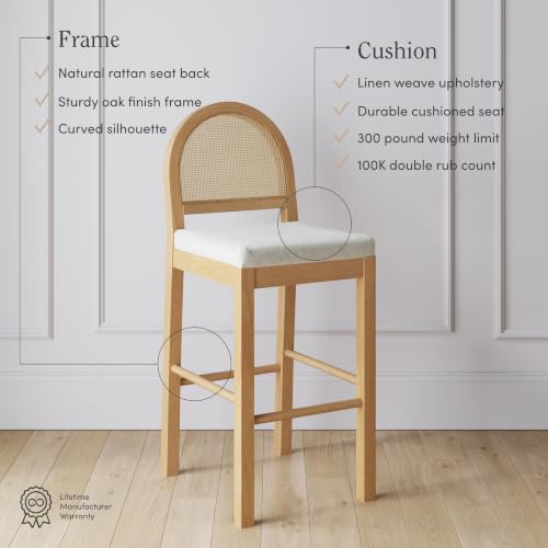 Image of Nathan James Bailey 29 in. Boucle Bar Stool with Back, Upholstered Kitchen Stool with Natural Rattan Woven Back and Solid Wood Legs, Oak Finish, Set of 4