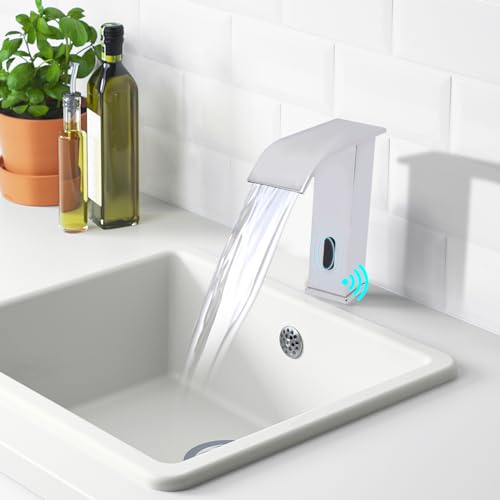 Grifo con sensor para baño y cocina, grifo de lavabo de acero inoxidable, sin contacto, grifo mezclador automático con control de temperatura para lavabo (plata)