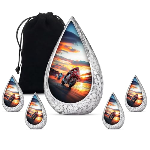 Image of Sunset Motorcycle Urns for Ashes - Combo of 5 with 10 Inch Funeral Cremation Urn for Adult Female, Mother & Men and 3 Inch Mini Biker Keepsake Urns for Human Ashes - Burial Memorial Set