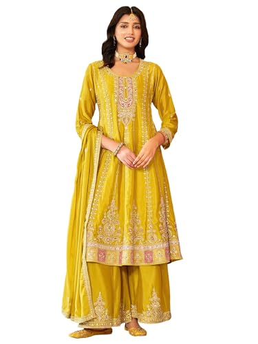 Image of INDO ERA Women's Anarkali Chinon Ethnic Motifs Embroidered Kurta & Palazzo with Dupatta Set (IEOUT10822)