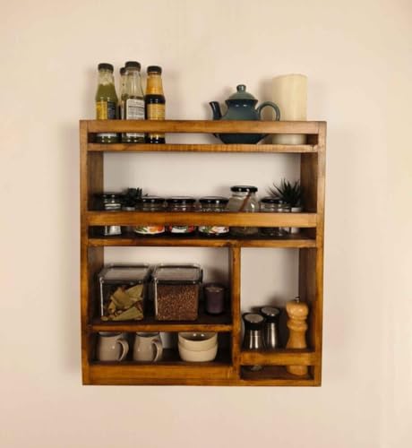 Image of Rustic Wooden Wall-Mounted Spice Rack, Kitchen Storage Organizer with 5 Shelves, Coffee and Condiment Display Stand