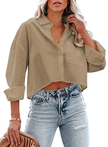Tankaneo Womens Button Down Cropped Shirts Long Sleeve Casual Crop Tops...
