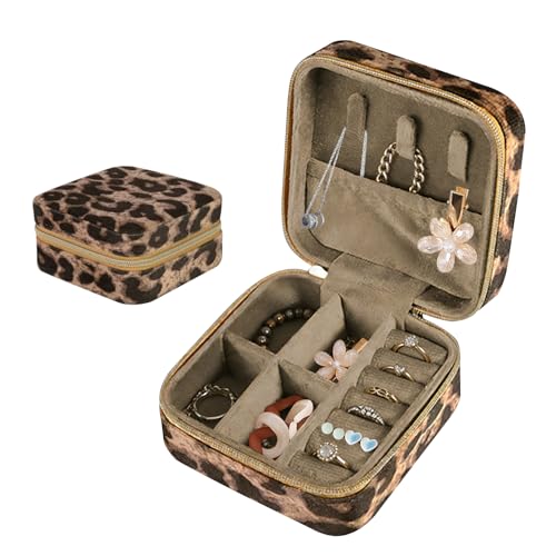 FOSDICK Joyero Viaje, Pequeño Joyeros Mujer Organizador, Estampado de Leopardo Joyero de Viaje, Pequeña Jewelry Box, Jewelry Organizer para Anillos Pendientes Collar, Cumpleaños Regalo Mujer Niña