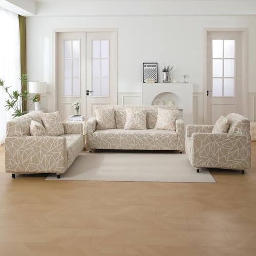 Image of HOKIPO 'Elira Series' Stretchable Cushion Cover for Sofa 16x16, Pack of 2, Beige Abstract Geometry (NEW-AR-4993-C3*2)