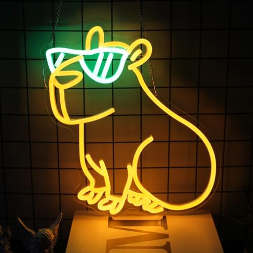 Cool Capybara Neon Sign Cute Animal with Glasses Yellow Green