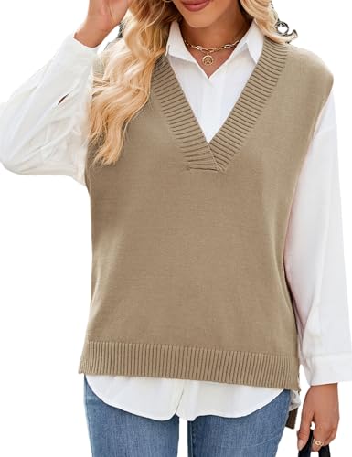 Image of Zontroldy Women's 2025 Lightweight V-Neck Knit Sweater Vest Sleeveless Ribbed Casual Tank Top Spring Business Casual Pullover