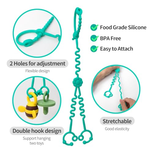 Image of Baby Toy Straps - 1 Drag 2 Design for Toy Safety - 5 Food-Grade Silicone Straps for Strollers, High Chairs, Cribs & Car Seats - Navy, Dark Gray, Pink, Spearmint + Sippy Cup Strap
