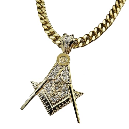 Iced Gold Plated Simulated Diamond Large Masonic Freemason Charm Pendant & 10mm 18