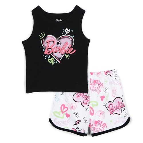 Image of Barbie Girls Ribbed Tank Top and French Terry Shorts Outfit Set Toddler to Big Kid Sizes (2T - 14-16)