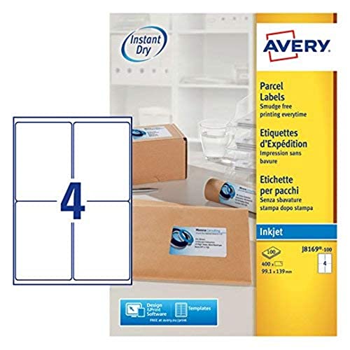 Avery Self Adhesive Parcel Shipping Labels, Inkjet Printers, 4 Labels Per A4 Sheet, 400 Labels, QuickDRY (J8169), White