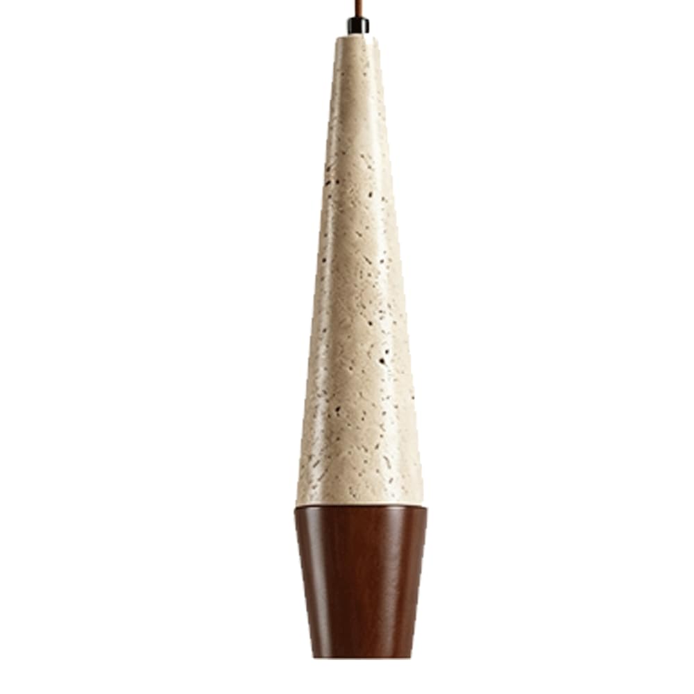 ESIYUVO 1-LED Light Travertine Cone Hanging Lamp Japanese Wabi-sabi Stone Chandelier Height Adjustable Pendant Light Walnut/Natural Wood Lighting Fixture for Dining Room Bar Entryway Bedroom Bedside
