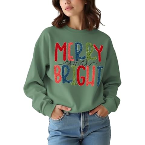 CM C&M WODRO Women Christmas Sweatshirt Merry and Bright Chenille Patch Graphic Pullover Crewneck Long Sleeve Shirt Tops(Green,M) Cover