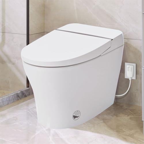 Sanitario inteligente con asiento calefactado, sensor de pie para descarga y temperatura ajustable, cerámica blanca, incluye herrajes miniatura 1