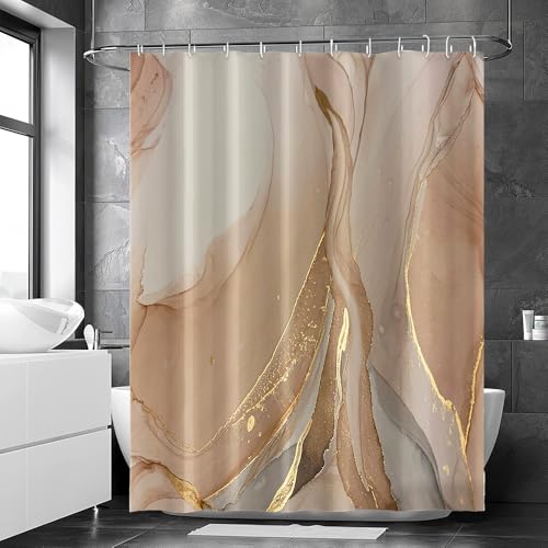 Ruelvth Brown Shower Curtain, Modern Brown Gold Grey Marble Shower Curtain for Bathroom Aesthetic Ink Texture Waterproof Shower Curtain Set with Hooks, 72x84 Inch